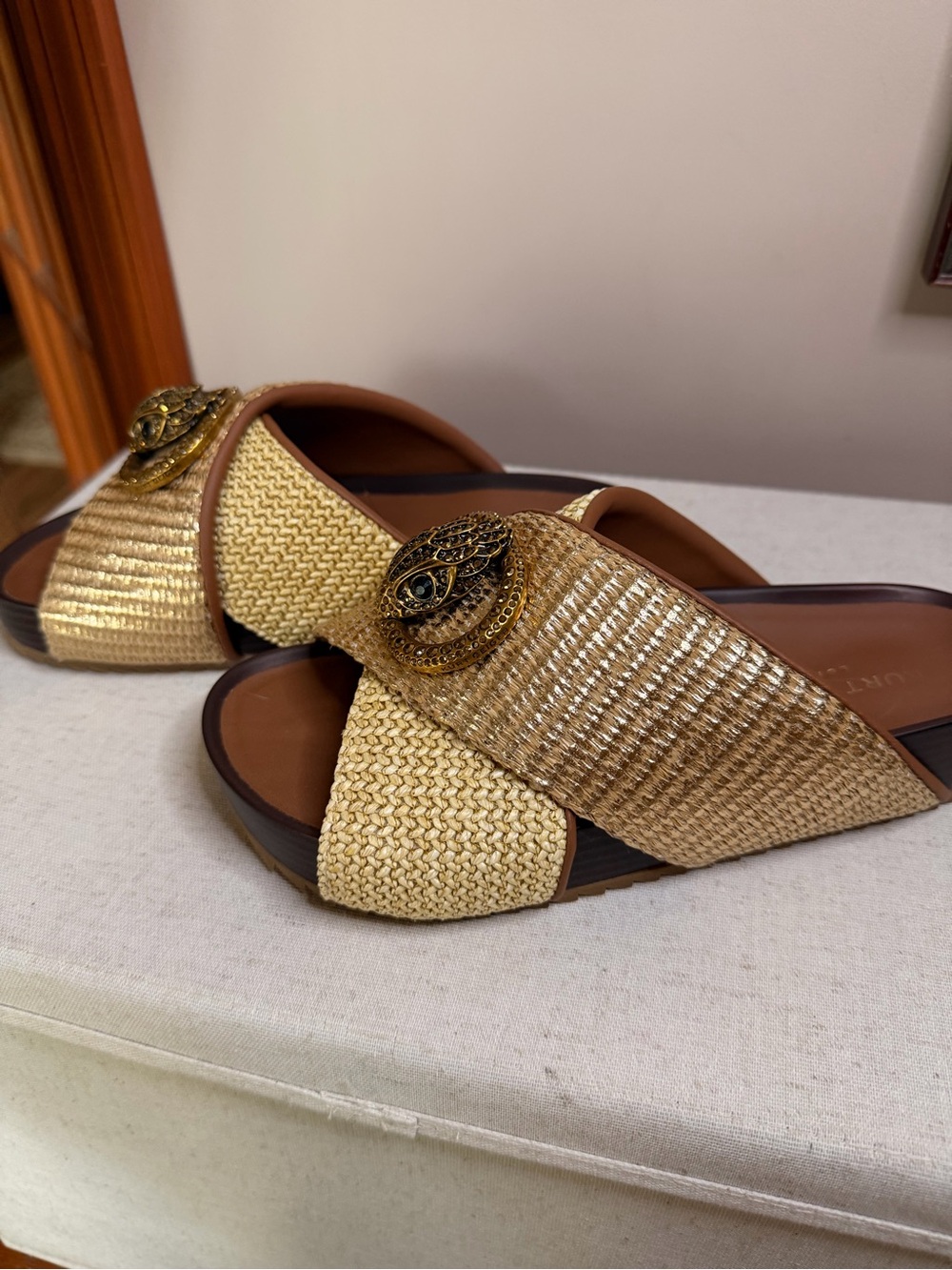 Kurt Geiger Gold Woven Slide Sandals with Decorative Medallion - Picture 3 of 8